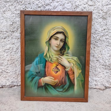 Vintage Picture of Mary Art Print / Catholic Art Print / Vintage Framed Picture/ Religious Decor/ Wall Framed Picture Jesus Sacred Heart 