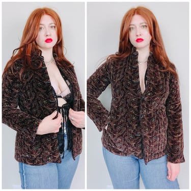 1970s Vintage Brown Velvet Paisley Jacket / 70s / Seventies High Neck Quilted Toggle Coat / Size Medium - Large 