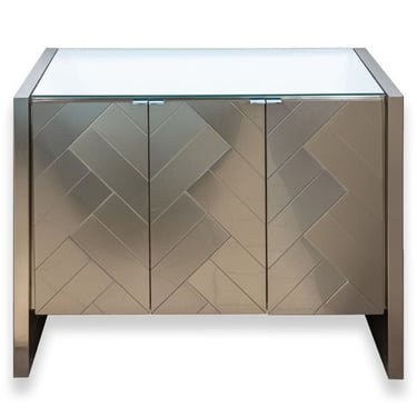 Ello Contemporary Modern Brushed Metal Chrome and Glass Small Chevron Credenzas 