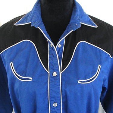 Rod's Vintage Retro Western Women's Cowgirl Shirt, Rodeo Blouse, Traditionally Styled in Royal Blue & Black, Tag Size Med (see meas. photo) 