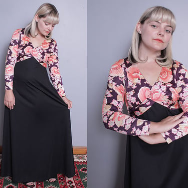 Vintage 1970's | Black | Floral | Empire Waist | Long | Maxi | Dress | M 