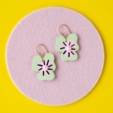 Mint Green Pansy Leather Earrings with Pink Centers and Freshwater Pearls 