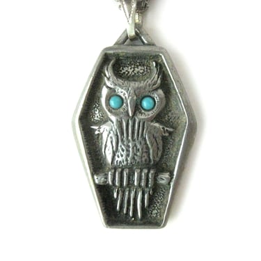 Vintage Owl Pedant, Signed J. Ritter Owl, Turquoise and Pewter Necklace, Silver Tone Owl Necklace, Owl Jewelry, 1970s Boho Hippie Style 