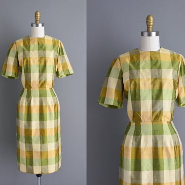 1950s vintage Green & Gold Plaid Print Cocktail Pencil Skirt Dress | Small 
