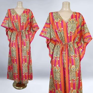 Handmade Indian Cotton Tiger Block Print Kaftan Pink and Orange Stripes OSFM | Y2K Caftan Midi House Dress | Beach Cover Up 