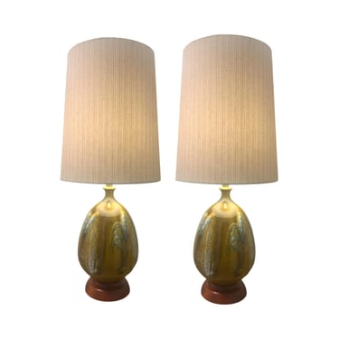 vintage 1960s mid century modern pair of large dripped glazed ceramic table lamps shades restored 