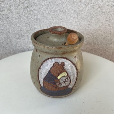 Vintage 1979 Studio Art Pottery Honey Pot With Bear Art By Sunshine Pottery 