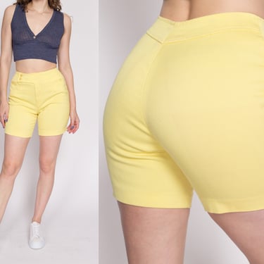 S| 60s 70s Yellow Cotton Twill Shorts - Small | Vintage High Waisted Long Inseam Casual Bermuda Shorts 