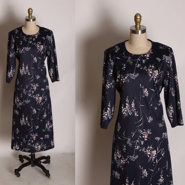 1970s Navy Blue and White Floral 3/4 Length Sleeve Tie Back Dress by Anthony Richards -1XL 