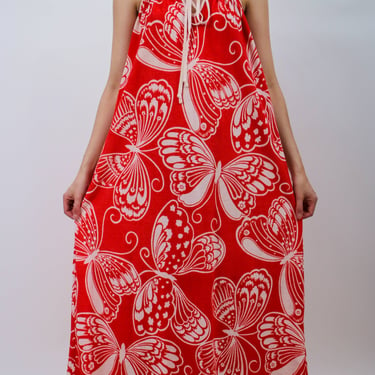 1970s Terrycloth Butterfly Print Red and White Maxi Dress