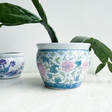 Vintage 8” Asian Planter Pot Blue White Green Pink Birds Floral Small Indoor Porcelain Planter Different Sizes Available Chinoiserie Decor 