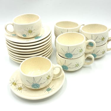 Franciscan Starburst Cup and Saucer Sets, Blue, Green, Yellow Stars, Vintage Cups and Saucers, Mid Century Atomic Dinnerware 