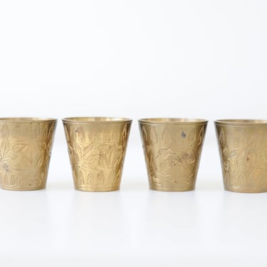 Vintage Etched Brass Shot Glasses Set of 4 