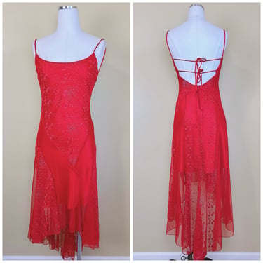 Y2k Vintage Red Sparkle Fairy Dress / Magical Spaghetti Strap Sheer High Low Bias Cut Gown / Size Small - Medium 