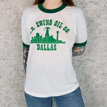 RARE Vintage 1970's J.R. Ewing Oil Co. Dallas TV Show Ringer Tee Shirt T-Shirt 