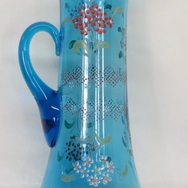 Tall Hand Blown Glass Blue and Hand Painted flowers Pitcher 2815B