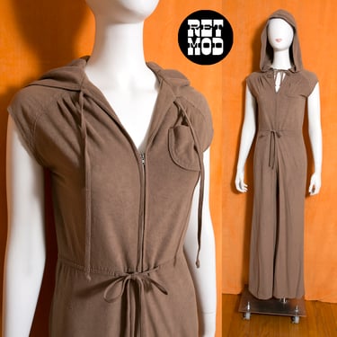 Hooded Vintage 70s Brown Velour/Ultrasuede Style Fabric Jumpsuit with Pockets 