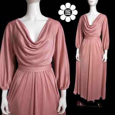 Sexy Slinky Vintage 70s Dusty Pink Maxi Dress with Lovely Drape 