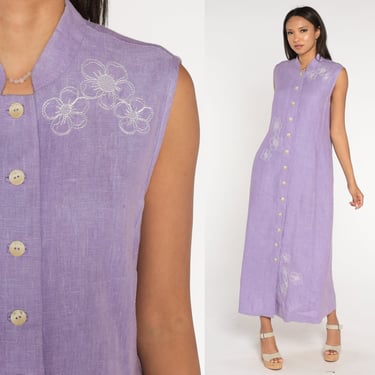 Purple Floral Dress 90s Lavender Embroidered Linen Maxi Dress Boho Button Up Mandarin Collar Asian Dress 1990s Vintage Sleeveless Large 