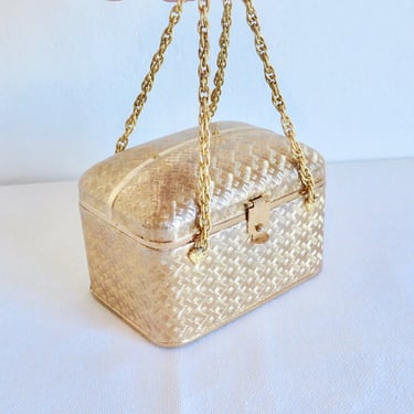 1960's Italian Gold Etched Hard Metal Box Purse Top Handle Chain Strap Evening Cocktail Party 60's Handbags 
