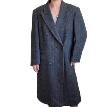 Vintage Mens 80s 100% Wool Gray Plaid Double Breasted Long Trench Coat Sz 42R 