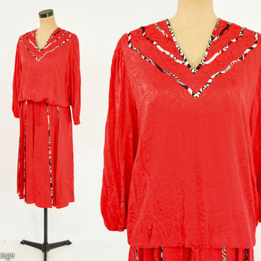 1980s Diane Freis Outfit | 1980s Red Skirt Blouse Set | 80s Red Silk Top & Skirt Set | Diane Freis Original | Large 