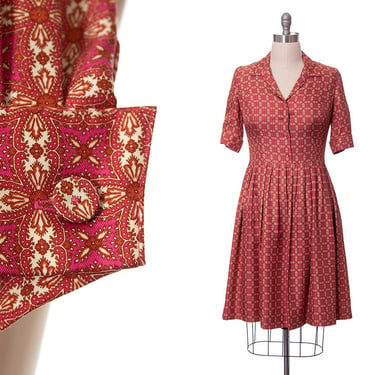 Vintage 1950s Style Dress | Modern ANN TAYLOR Silk Geometric Print Red Pink Full Skirt Fit & Flare Button Up Shirtwaist Day Dress (large) 