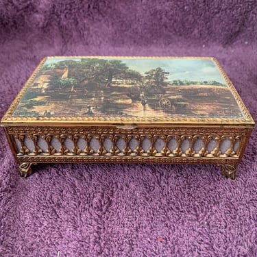 Vintage Brass Jewerly Box/Casket Velvet Lined Plays The Hay Wain By Constable 