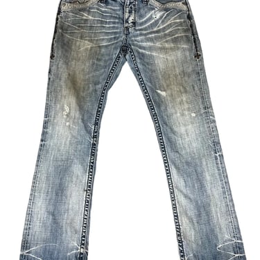 Affliction Ace Blue Denim Designer Jeans Distressed Sz 34