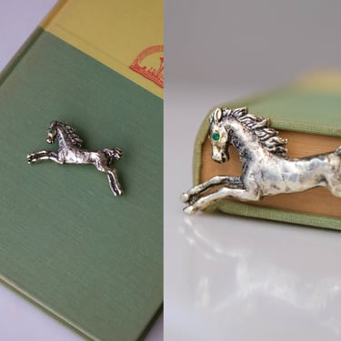 Vintage 80s Gold Metal Wild Horse Pin w/ Emerald Green Glass Eye | Brooch, Flare, Denim Jacket | 1980s Gold & Emerald Galloping Horse Pin 