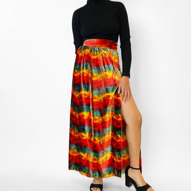 1970s Rare Rainbow Velvet Maxi Skirt, sz. S