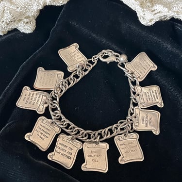 Vintage 50s 60s Charm Bracelet, Ten Commandments, Chain Link Silver Tone, Religious, Christian, Bible Verse 