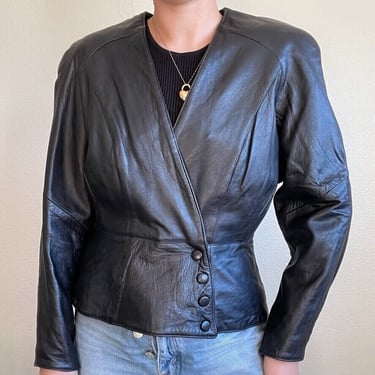 Vintage 80s Womens Tannery West Black Leather Soft Moto Biker Blouse Jacket Sz M 