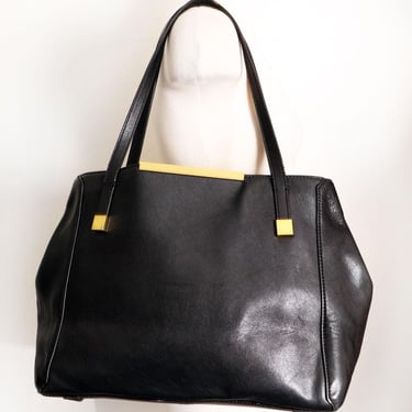 Vintage J CREW Black Leather Shoulder Bag Tote Top Handle Carry All Purse, Y2K, 1990's Magnetic closure, Large size 