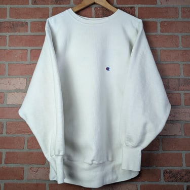 Vintage 90s Champion Reverse Weave Plain White ORIGINAL Crewneck Sweatshirt - Large 