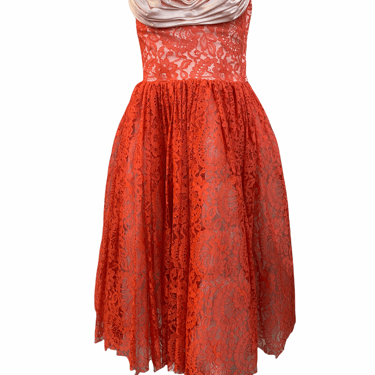 50s Pink Strapless Prom Dress with Red Lace Overlay