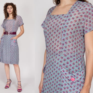 Medium 1930s Style Blue Pinwheel Print Midi Shirtdress | Retro 70s Does 30s 40s Square Neck Short Sleeve Day Dress 