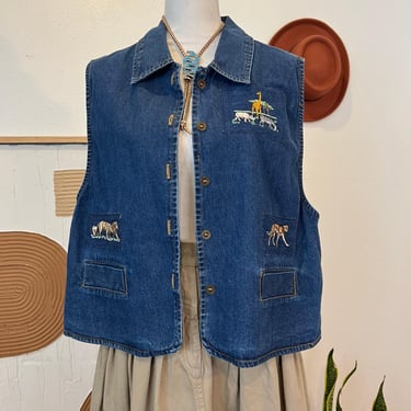 Vintage Y Not 90s Blue Cotton Denim Animal Embroidered Button Front Vest XL 