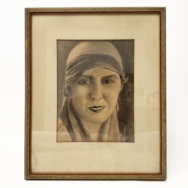Vintage Female Portrait Sketch, Portraiture of a Woman Art, 1937 Crayon Art Deco Female Portrait, Female Portraiture Wall Art 