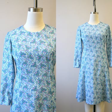 1970s Blue Printed Polyester Knit Dress 
