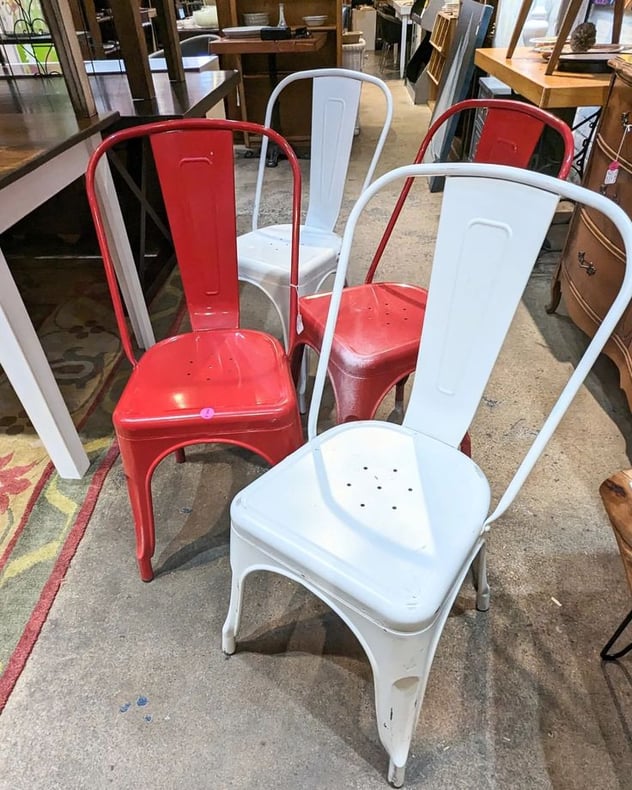 Red and white metal chairs Call 202.232.8171 to purchase.