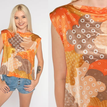 Cloud Print Top 70s Psychedelic Shirt Hippie Blouse Abstract Boho Sleeveless Boat Neck Mod Retro Cap Sleeve Orange Vintage 1970s Small S 