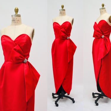 80s 90s Vixen Vintage Red Strapless Dress Gown Size Small By Victor Costa // Vintage Dynasty Red Strapless Evening Gown Dress small Medium 