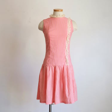 Vintage 1960s Orange & Pink Striped Drop Waist Summer Dress 