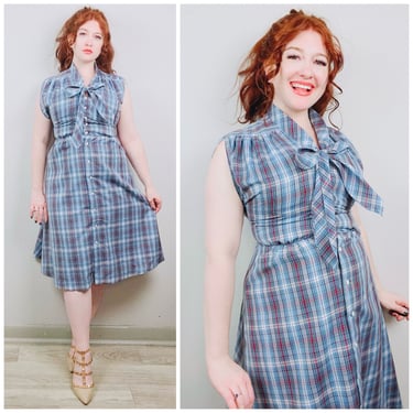 1970s Vintage Light Blue Plaid Day Dress / 70s / Seventies Poly Cotton Neck Tie Fit and Flare Dress / Medium - Large 