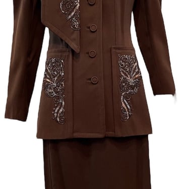 RARE 40s Chocolate Brown Wool Gabardine Beaded Suit