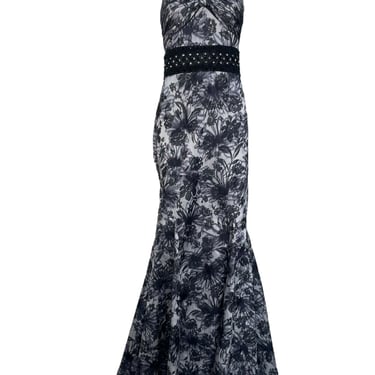 Lorena Sarbu 2000s Cross Neck Warp Printed Black & White Floral Halter Neck Gown