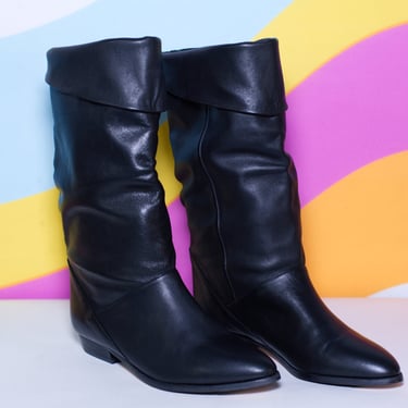 Vintage 1980s Black Fold Cuff Boots | Size 6 