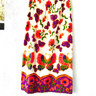 Vintage 60s 70s Butterfly Psychedelic Floral Day Glo Skirt Hawaii Barkcloth Convertible Skirt Dress 