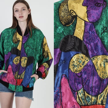 1980s Pablo Picasso Satin Jacket / Colorful Shiny 80s All Over Print Jacket / Abstract Pop Art Colorful Zip Up Bomber Coat 